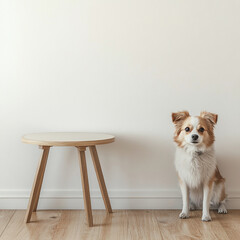 Realistic Scene of a Dog Standing Casually in Front of an Empty Table Against the Wall