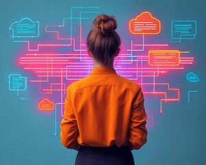 A woman in an orange shirt stands before a colorful digital cloud network, symbolizing technology and communication.