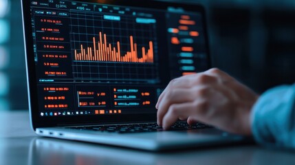 A hand operates a laptop displaying colorful data analytics and stock market graphs on the screen, indicating financial analysis and technological interaction.