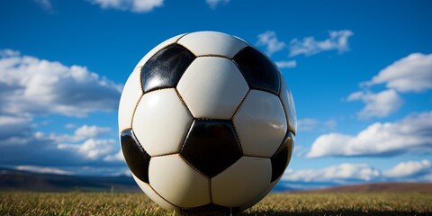 Fototapeta premium A worn soccer ball sits on a grassy field beneath a clear blue sky, the distant mountains hinting at a vast landscape.