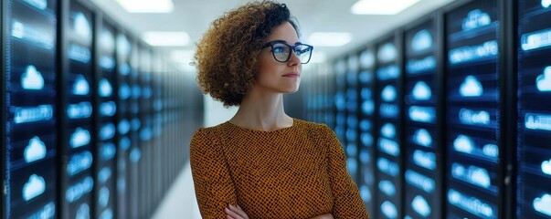 A woman with curly hair and glasses stands confidently in a modern data center filled with rows of servers, exuding professionalism and focus.