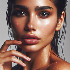 Close-up of a woman with radiant, wet skin, featuring water droplets on her face, conveying strong sensuality and femininity. 