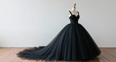 Black tulle ballgown with sweetheart bodice on plain white background