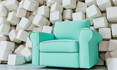 Fototapeta premium A turquoise armchair sits in front of a wall of white cubes.