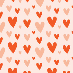 Hearts irregular seamless pattern. Cute red and pink hearts. Romantic background in flat doodle style for card, holiday design. Vector illustration.