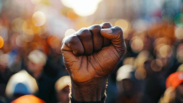 A raised fist is shown in the foreground with a crowd blurred out in the background