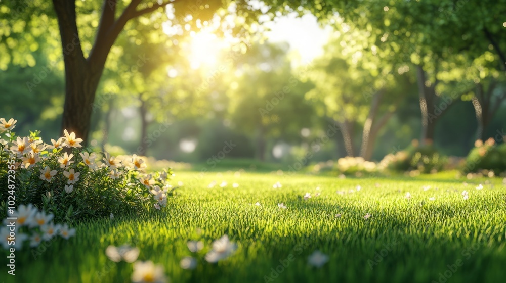 Poster a lush green field with a tree in the background and a bunch of flowers