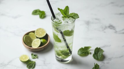 A tall glass filled with a refreshing drink, featuring ice, mint leaves, and lime wedges, sits on a marble surface.