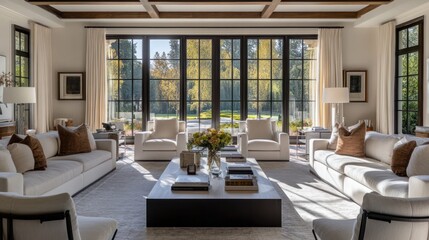 Fototapeta premium a living room with big windows in the middle featuring couches, chairs, and a coffee table