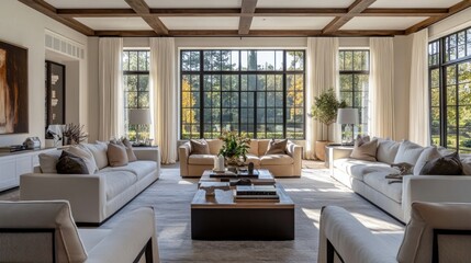a living room with big windows in the middle featuring couches, chairs, and a coffee table