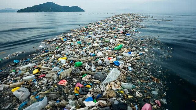 A large amount of plastic pollution floats in the ocean near an island