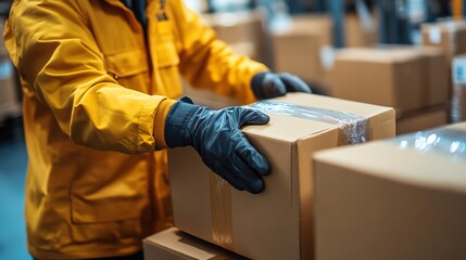 Close-up of a warehouse worker's gloved hands carefully handling a package.
