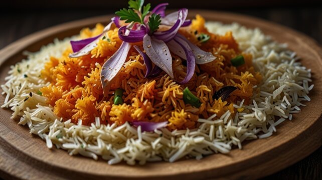 A plate of saffron rice topped with purple onion, green onion, and cilantro.