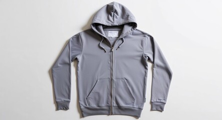 Light grey zip up hoodie with kangaroo pocket on plain white background