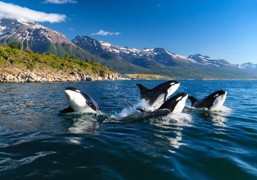  Schwertwal (Orcinus orca) auch Orca, Killerwal, Gruppe springt aus Wasser vor Naturlandschaft