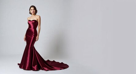 Maroon strapless satin gown with mermaid skirt on plain white background