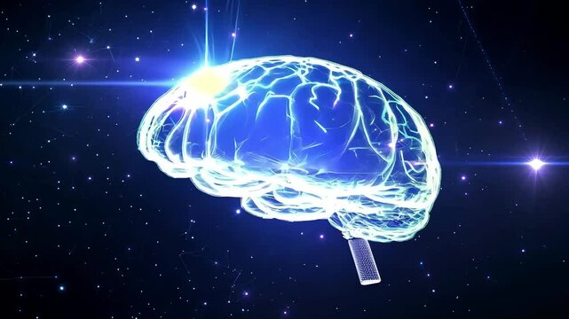 Holographic wireframe spinning brain with ideas represented by lightning strikes and glowing orbs in shades of blue and violet, set against a starry space background, creating a futuristic and cosmic