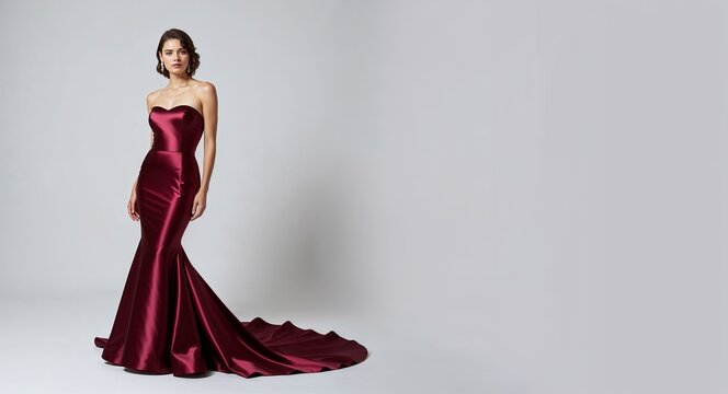 Maroon strapless satin gown with mermaid skirt on plain white background