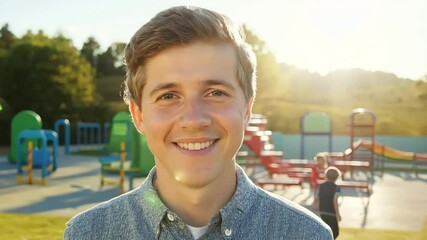 Male kindergarten teacher with very kind eyes smiles gently while standing outdoors, with a blurred playground in the background