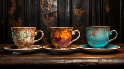 Fototapeta premium Three Teacups Resting On A Rustic Wooden Table, Each With A Unique and Distinctive Pattern, Exuding Charm and Nostalgia