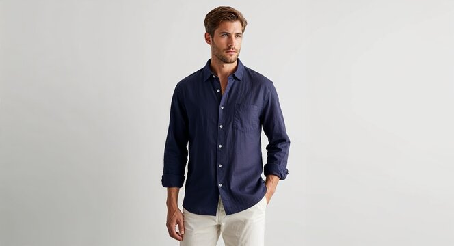 Navy linen casual shirt with chest pocket on plain white background