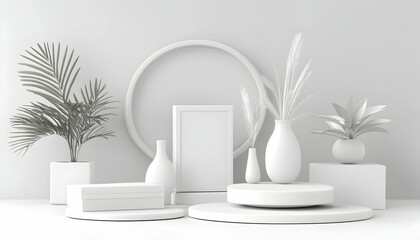 A minimalist white interior design scene with a blank frame, a vase, and potted plants.