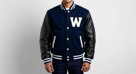 Navy varsity jacket with leather sleeves on plain white background