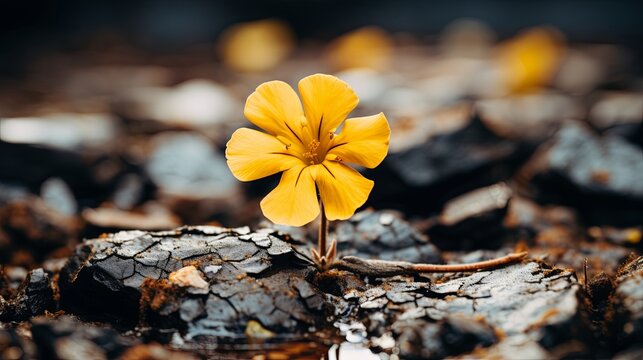 A solitary yellow flower blooms from the ashes of a charred landscape, defying the darkness and seeking the sun.