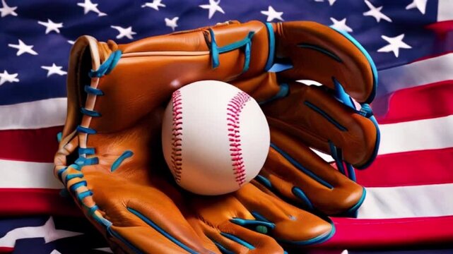 A brown leather baseball glove rests on an American flag with a baseball nestled inside, symbolizing the sport's connection to American culture created with generative ai