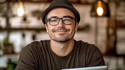 Fototapeta premium Portrait of a Happy Young Man with Glasses and a Hat Smiling in a Cozy Cafe Atmosphere