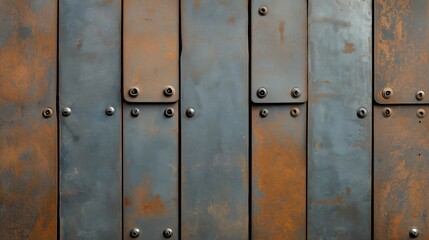 Fototapeta premium Close-up of a rusted metal wall with overlapping panels and visible rivets creating an industrial texture.