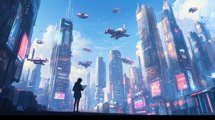 Futuristic Cityscape with Flying Vehicles and a Person Looking at a Tablet