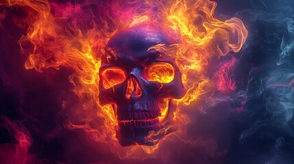 A skull surrounded by a vortex of flames in abstract shapes, glowing fiercely with vibrant colors like neon red, yellow, and purple. The flames seem to move and twist,