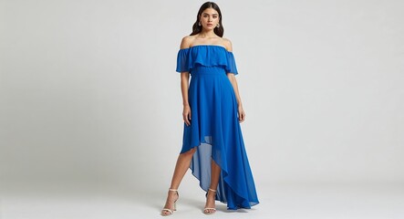 Sky blue off shoulder chiffon dress with asymmetrical hem on plain white background