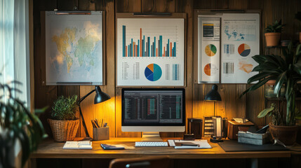 A retro-style workspace with pie charts and bar graphs on vintage-style paper, classic currency symbols displayed on wall-mounted posters, signifying mid-century economic ideas