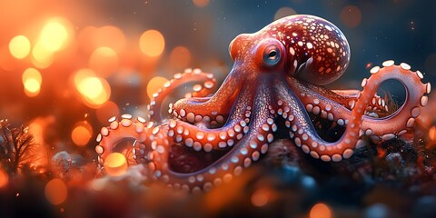 Octopus hiding in a colorful underwater world A colorful octopus hiding among corals and curiously observing its surroundings.