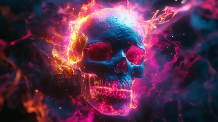 A skull surrounded by chaotic graffiti patterns in neon pink, blue, and yellow, the swirling shapes distorting its form and creating a sense of dynamic motion.