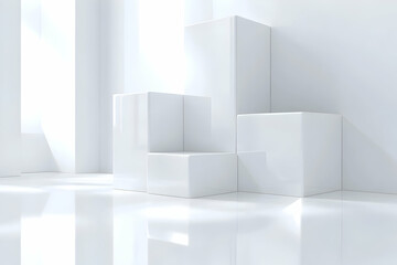 A minimal white room with a simple podium display made of three white cubes, with light from windows casting shadows on the floor.