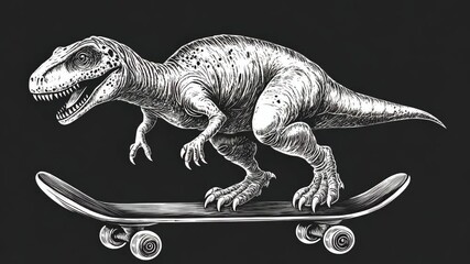 A black and white illustration of a dinosaur skateboarding - Powered by Adobe