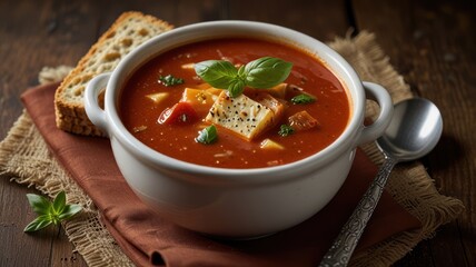 A bowl of tomato soup with croutons and basil, served with a side of bread on a rustic wooden table.