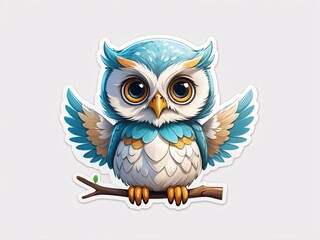 Fototapeta premium Sticker a cute blue light baby owl standing on a branch white background generative ai