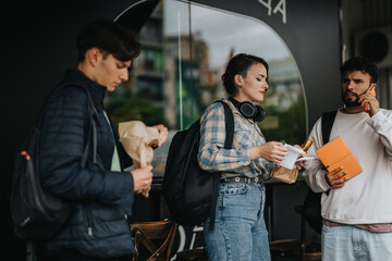 A group of young adults outside, engaged in snacks and conversation. They appear casual and modern, with backpacks and mobile devices, representing urban lifestyle and connectivity.