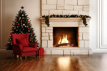 Fototapeta premium A cozy Christmas scene with a decorated tree, a warm fireplace, and a comfortable red chair, creating a festive atmosphere.