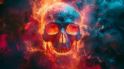 A skull surrounded by erratic, swirling graffiti lines, with vibrant colors like neon red, orange, and teal blending into the chaos.