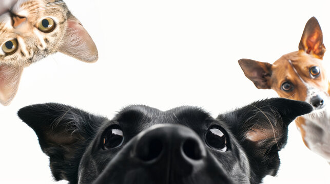 Bottom view of a cat and dog peeking out from the sides of the screen on a white background. Free space for product placement or advertising text.