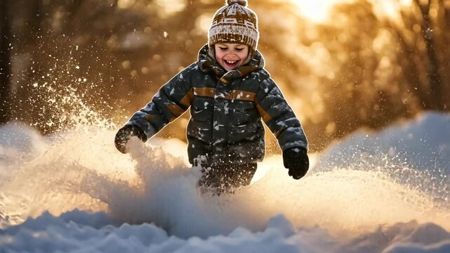A young child wearing a winter jacket and hat smiles as they run through the snow on a sunny winter day