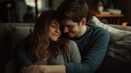 young couple cuddling on the sofa