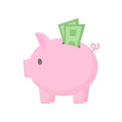 Piggy bank with banknotes in cartoon style on a white background isolated. Symbol of accumulated savings. Saving money and accumulating finances for investments, buying real estate, starting a busines