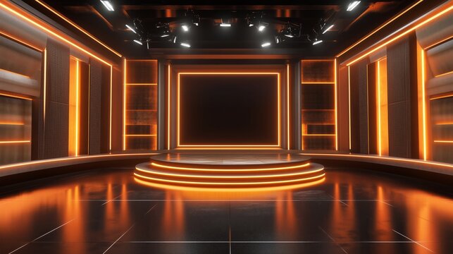 TV news, virtual studio background. Ideal also for online shows or live events. Modern 3D rendering backdrop suitable on VR tracking system stage sets