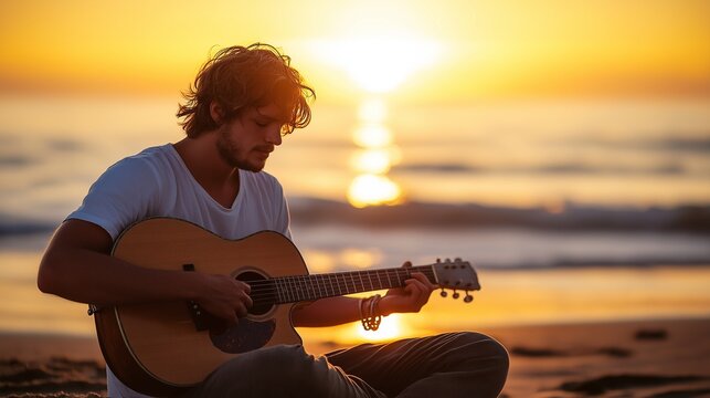 young man playing guitar on the beach